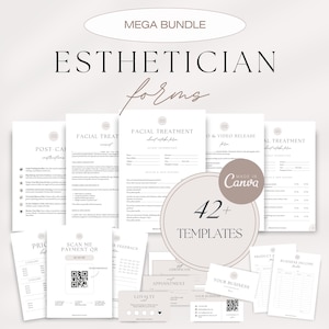 Peut inclure: Un ensemble de formulaires d'esthéticienne, comprenant des modèles de soins du visage, de suivi et de revenus commerciaux. Les formulaires sont dans un design minimaliste avec une palette de couleurs neutres. Le texte "MEGA BUNDLE" et "42+ TEMPLATES" est inclus.
