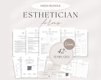 May include: A collection of esthetician forms, including facial treatment, post-care, and business income templates. The forms are in a minimalist design with a neutral color palette. The image includes the text "MEGA BUNDLE" and "42+ TEMPLATES".