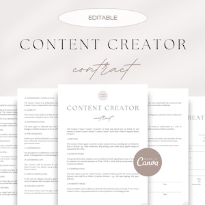Content Creator Contract, Influencer Contract Template, Editable Social Media Manager Contract, Content Creator Invoice Template, Canva