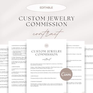 Pode incluir: Um conjunto de documentos em papel branco com o texto "CUSTOM JEWELRY COMMISSION contract" em preto e castanho. O design é minimalista, com uma paleta de cores neutras, adequado para uso comercial ou legal.