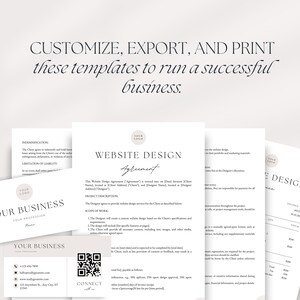 May include: A set of customizable business templates for website design, including a business card, a website design agreement, and an invoice. The templates feature a minimalist design with a neutral color palette.