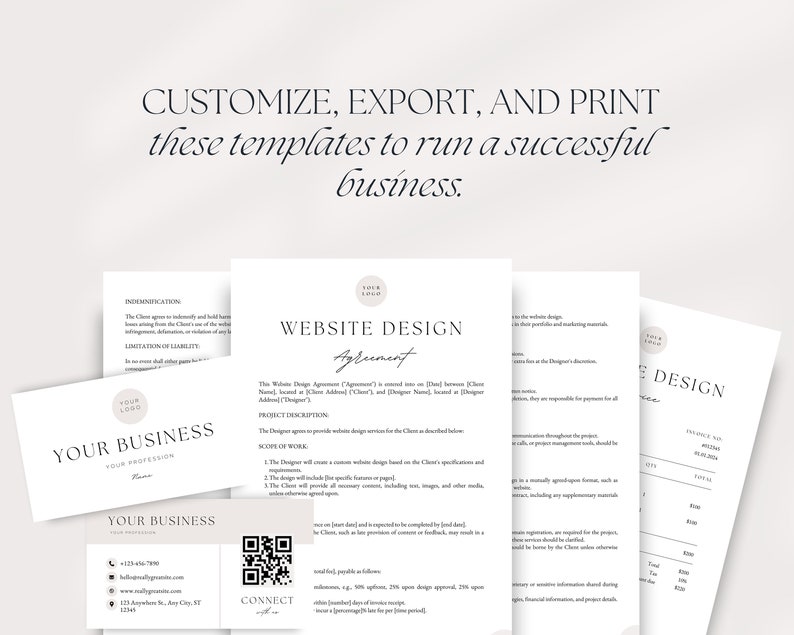 May include: A set of customizable business templates for website design, including a business card, a website design agreement, and an invoice. The templates feature a minimalist design with a neutral color palette.