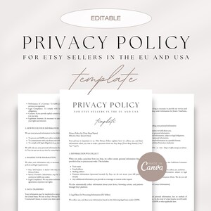Editable Privacy Policy For Etsy Sellers, Online Privacy Policy, Data Privacy Notice, User Privacy Policy, GDPR, CCPA, Canva Template