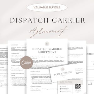 Puede incluir: Una plantilla de Acuerdo de Transporte de Despacho imprimible con un fondo gris y un título rosa. El documento incluye secciones para los requisitos básicos del trabajo, la terminación, la compensación, la autorización del transportista, las responsabilidades del transportista, el alcance de los servicios, el plazo del acuerdo, y más. El documento también incluye un código QR para conectar con el negocio.