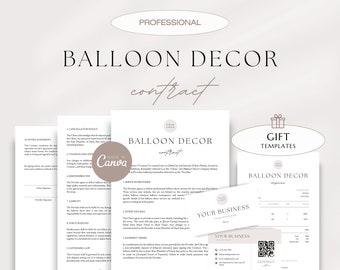 May include: A set of printable templates for balloon decor businesses. The templates include a contract, invoice, and business cards. The templates are designed in a minimalist style with a neutral colour palette.