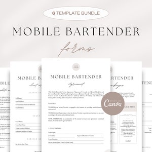 Mobile Bar Contract Bundle, Bartender Service Agreement, Bartending Forms Bundle, Client Intake, Photo Release, Packages, Invoice Template