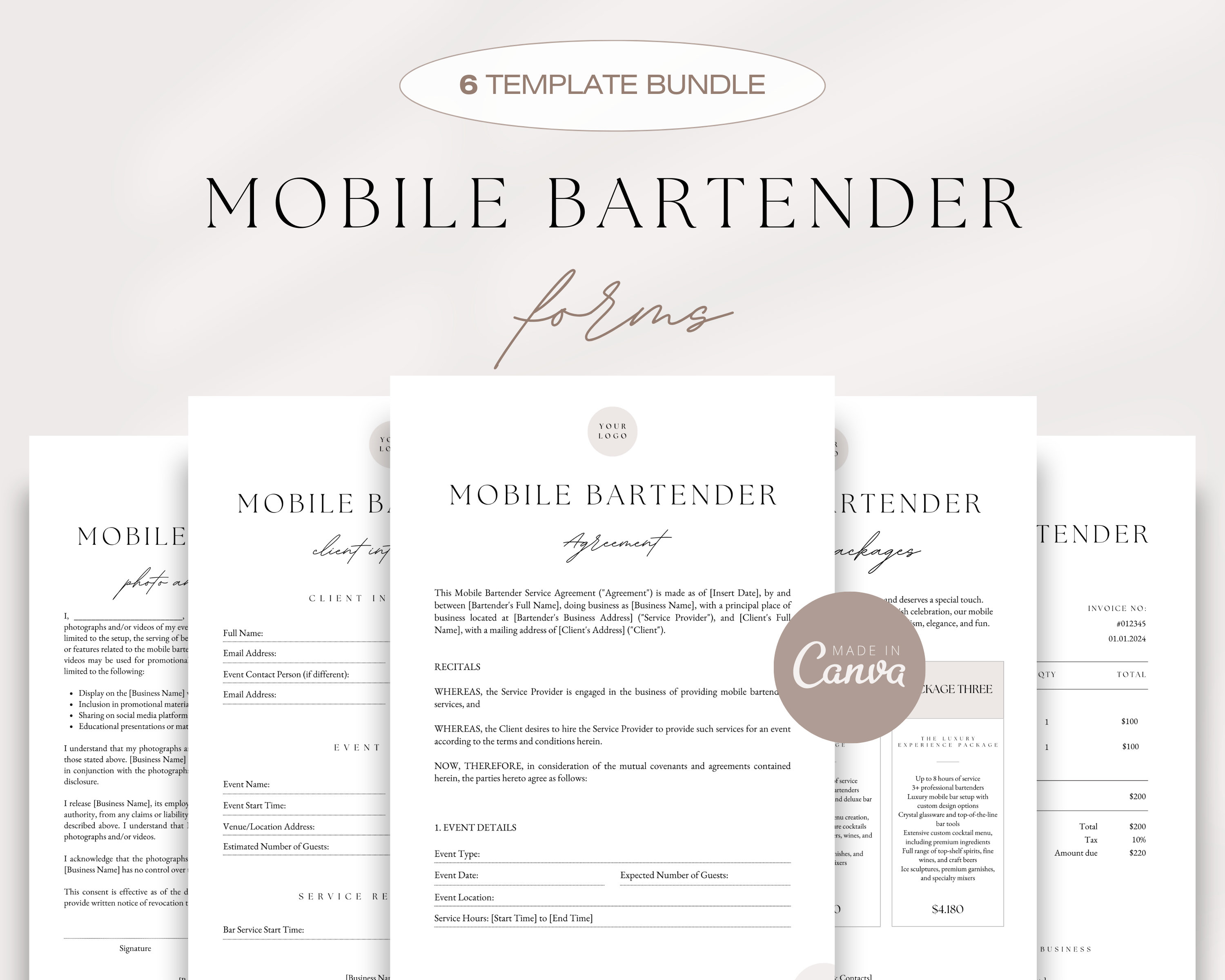 Mobile Bar Contract Bundle, Bartender Service Agreement, Bartending ...