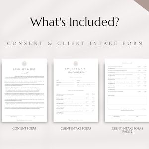 May include: A set of three printable forms for lash lift and tint services. The forms include a consent form and a client intake form with two pages. The forms are designed in a minimalist style with a light gray background and black text.