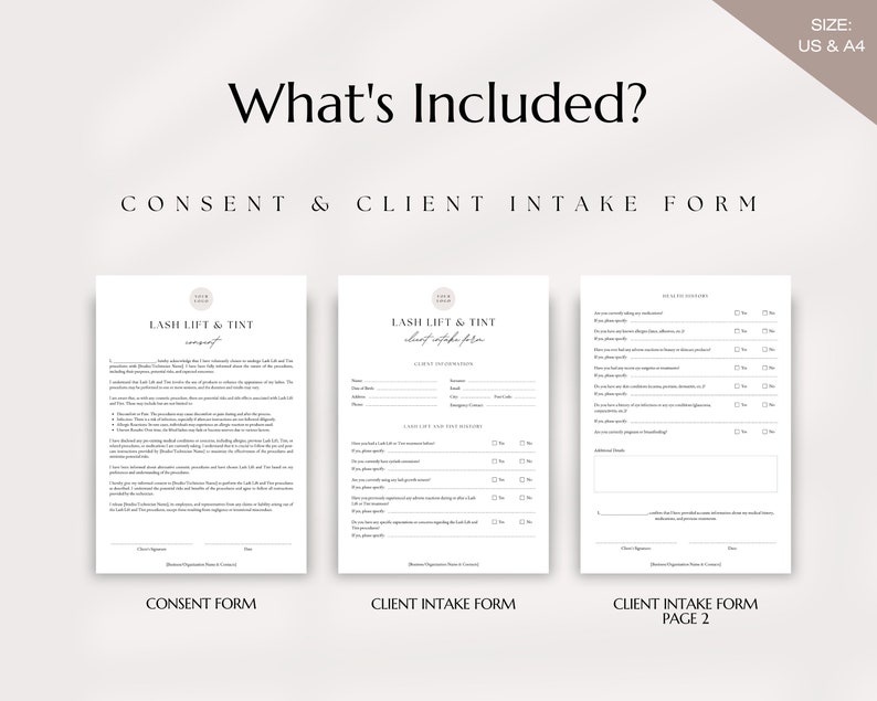 May include: A set of three printable forms for lash lift and tint services. The forms include a consent form and a client intake form with two pages. The forms are designed in a minimalist style with a light gray background and black text.