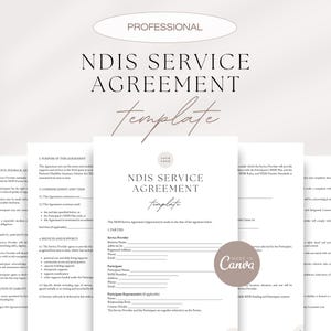Puede incluir: Una plantilla profesional de Acuerdo de Servicio NDIS con un diseño minimalista. El documento presenta un diseño limpio con títulos y secciones para detalles. El texto "Plantilla de Acuerdo de Servicio NDIS" se muestra de forma destacada.