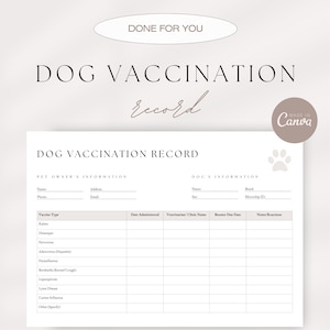 Dog Vaccination Record Template, Puppy Vaccination Record, Pet Vaccination Form, Puppy Vaccination Chart, Pet Records, Pet Care Templates