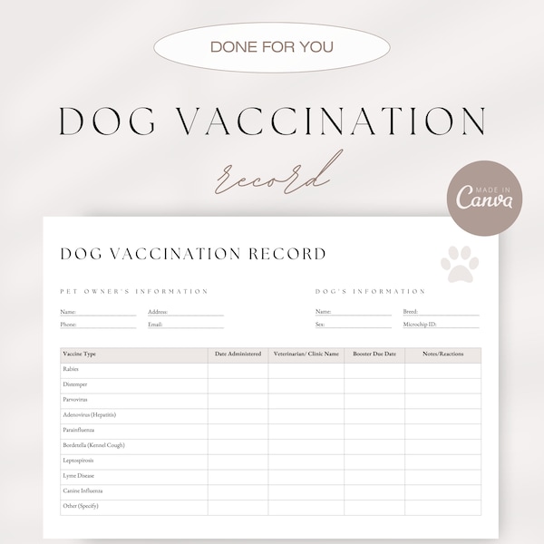 Dog Vaccination Record Template, Puppy Vaccination Record, Pet Vaccination Form, Puppy Vaccination Chart, Pet Records, Pet Care Templates