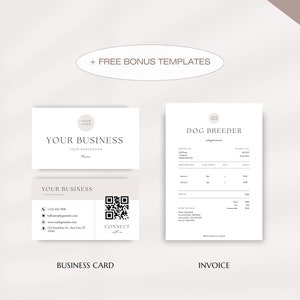 May include: A minimalist business card template with a circle logo placeholder, contact information, and a QR code. The template also includes an invoice template for a dog breeder business with a simple design and space for customer information, items, and payment details.