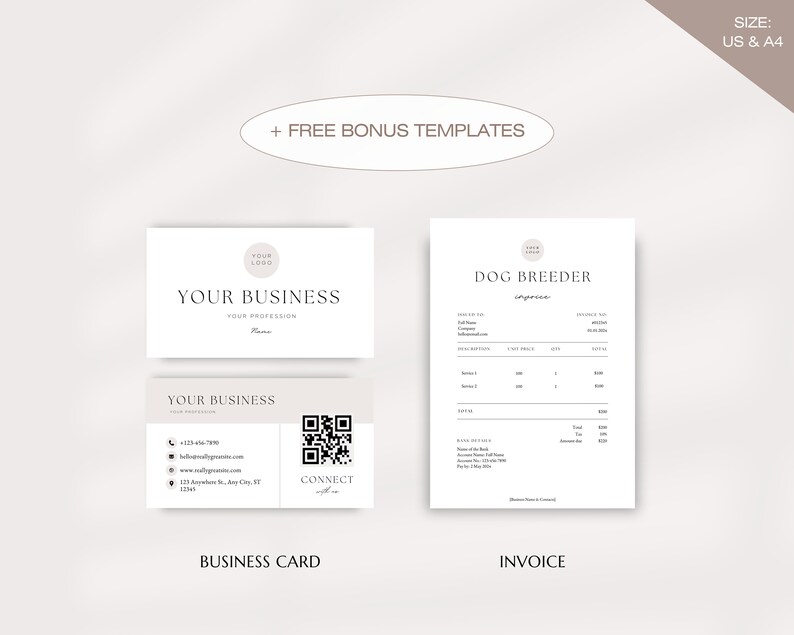 May include: A minimalist business card template with a circle logo placeholder, contact information, and a QR code. The template also includes an invoice template for a dog breeder business with a simple design and space for customer information, items, and payment details.
