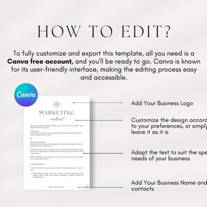 May include: A white and black graphic with the text "HOW TO EDIT?" and "Canva free account" with instructions on how to customise a marketing contract template using Canva. The instructions include adding a business logo, customising the design, adapting the text, and adding business name and contacts.