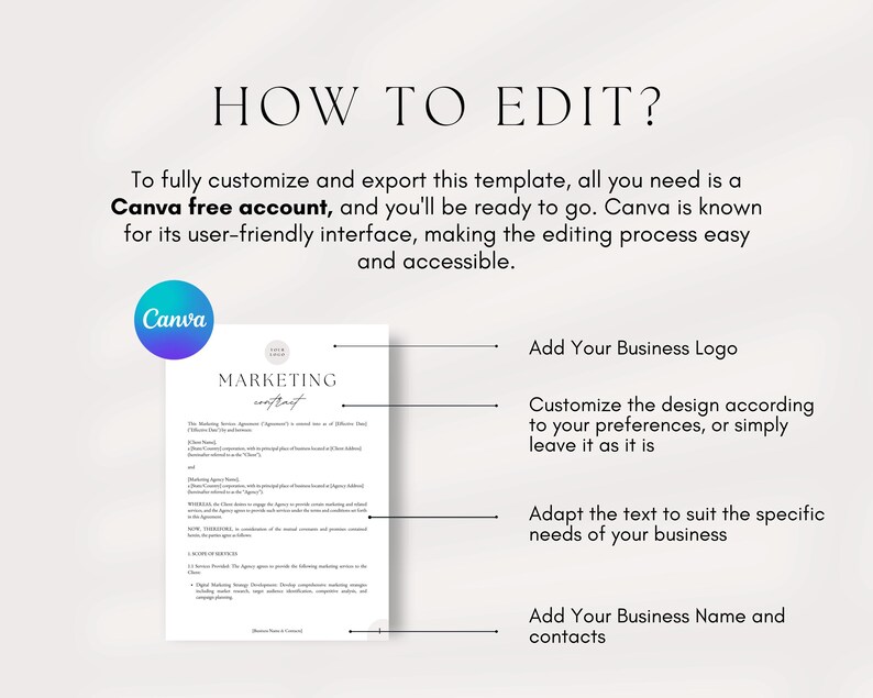 May include: A white and black graphic with the text "HOW TO EDIT?" and "Canva free account" with instructions on how to customise a marketing contract template using Canva. The instructions include adding a business logo, customising the design, adapting the text, and adding business name and contacts.