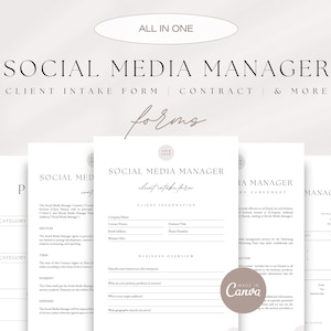 May include: A stack of white Social Media Manager forms, including a client intake form and contract. The forms have a minimalist design with text in a dark brown font. The words "All in One" and "Forms" are also visible.