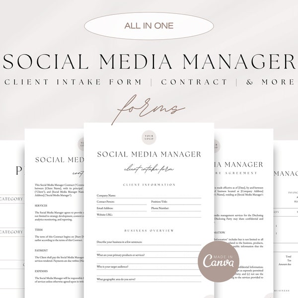 Social Media Manager Forms Bundle, Freelance Social Media Manager Contract, Non-Disclosure Agreement, Client Intake, Virtual Assistant Forms
