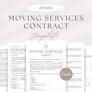 May include: Editable moving services contract template with a minimalist design. The contract includes sections for a directory of items, customer responsibilities, mover responsibilities, pricing, payment, and additional details. The template is made with Canva.