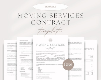 May include: Editable moving services contract template with a minimalist design. The contract includes sections for a directory of items, customer responsibilities, mover responsibilities, pricing, payment, and additional details. The template is made with Canva.
