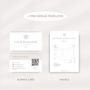 May include: A minimalist business card and invoice template design. The business card features a logo, contact information, and a QR code. The invoice template includes a header with the business name, a table for itemized services, and a total amount due.