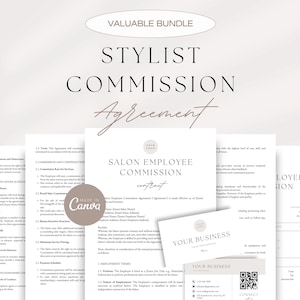 May include: A printable document titled "Salon Employee Commission Contract" with a pink and white color scheme. The document includes sections for employee information, commission rates, and other terms of employment.