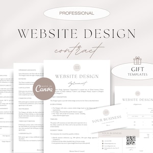 May include: A website design contract template with a minimalist aesthetic. The document includes sections for ownership and rights, revisions, cancellation, communication, deliverables, third-party services, confidentiality, payment terms, and signatures. The contract is designed to be used by website designers and their clients.