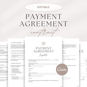 Pode incluir: Um conjunto de documentos em papel branco com as palavras "PAYMENT AGREEMENT" e "contract" num design minimalista. Os documentos têm um fundo bege e incluem o texto "EDITABLE" e "Made in Canva".