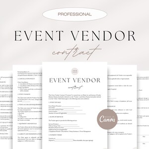 Professional Event Vendor Contract, Vendor Service Contract for Events, Event Vendor Agreement, Editable Canva Template, Vendor Templates