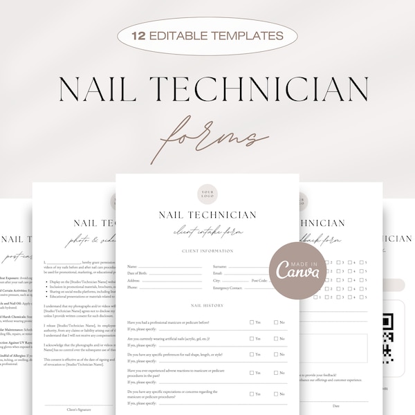 Editable Nail Technician Forms Bundle, Nail Tech Consultation Forms, Nail Client Intake Forms, Nail Aftercare, Appointments Tracker, Consent