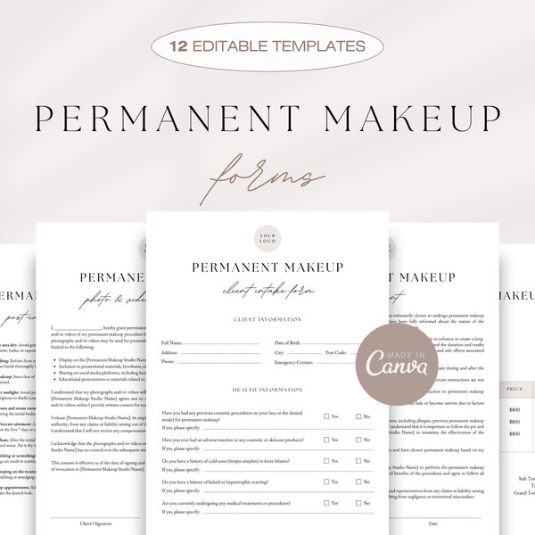 Permanent Makeup Forms Bundle, Printable PMU Consultation Forms, PMU Client Intake Form, Consent, Patch Test, Aftercare, Treatment Record