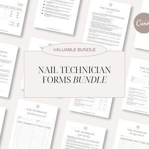 May include: A collection of printable forms for nail technicians. The forms include a client intake form, a nail technician agreement, a price list, and a client appointment sheet. The forms are designed in a minimalist style with a neutral color palette.