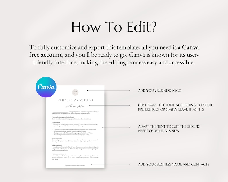 May include: A white and gray document with the title "PHOTO & VIDEO Release Form". The document includes a list of terms and conditions for photography and videography. The document is a Canva template that can be customized with a business logo, font, and text.