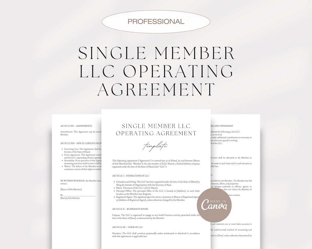 Single Member LLC Operating Agreement Template: Editable Canva Document ...