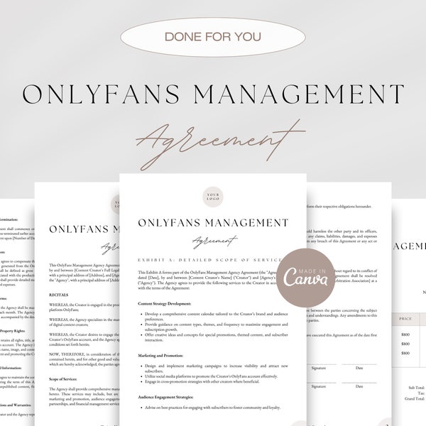 OnlyFans Management Agency Agreement, OnlyFans Contract, Editable OnlyFans Management Agency Contract, Content Creator Management Agreement