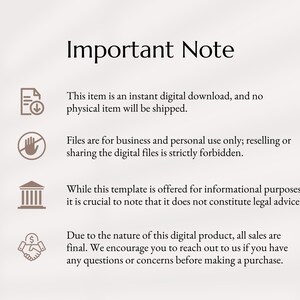 Pu&ograve; includere: Nota importante: Questo articolo &egrave; un download digitale istantaneo e non verr&agrave; spedito alcun articolo fisico. I file sono per uso commerciale e personale esclusivamente; la rivendita o la condivisione dei file digitali &egrave; severamente vietata. Sebbene questo modello sia offerto a scopo informativo, &egrave; fondamentale notare che non costituisce consulenza legale. A causa della natura di questo prodotto digitale, tutti gli acquisti sono finali. Ti invitiamo a contattarci se hai domande o dubbi prima di effettuare un acquisto.