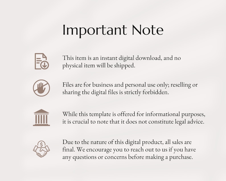 Pu&ograve; includere: Nota importante: Questo articolo &egrave; un download digitale istantaneo e non verr&agrave; spedito alcun articolo fisico. I file sono per uso commerciale e personale esclusivamente; la rivendita o la condivisione dei file digitali &egrave; severamente vietata. Sebbene questo modello sia offerto a scopo informativo, &egrave; fondamentale notare che non costituisce consulenza legale. A causa della natura di questo prodotto digitale, tutti gli acquisti sono finali. Ti invitiamo a contattarci se hai domande o dubbi prima di effettuare un acquisto.