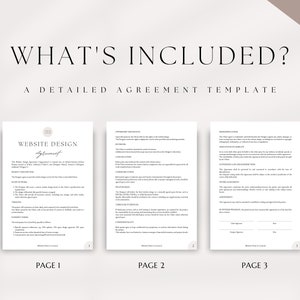 May include: A three-page website design agreement template with the title "Website Design Agreement" on the first page. The agreement includes sections for scope of work, timeline, payment, and ownership rights.