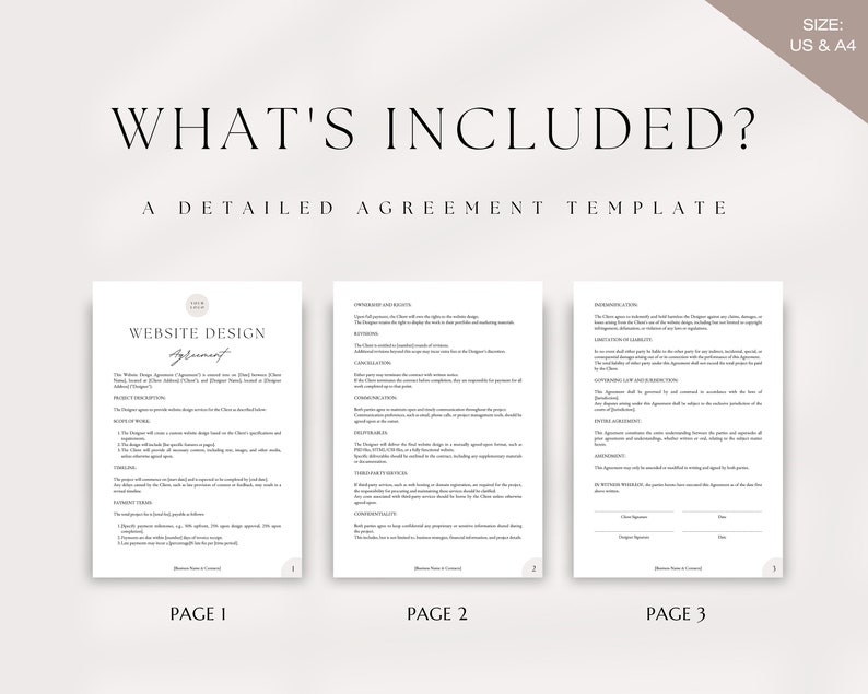May include: A three-page website design agreement template with the title "Website Design Agreement" on the first page. The agreement includes sections for scope of work, timeline, payment, and ownership rights.