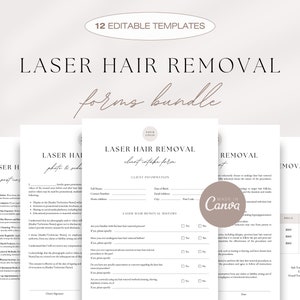 May include: A set of 12 editable templates for laser hair removal forms. The forms include client intake forms, photo and video release forms, and price lists. The forms are designed in a minimalist style with a light brown color scheme.