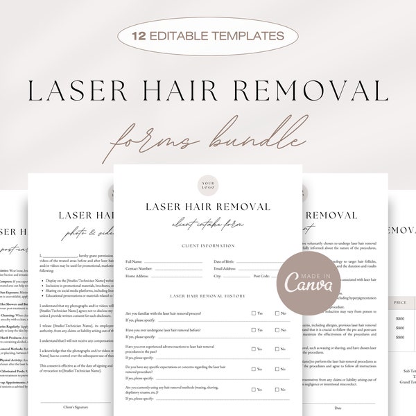 Professional Laser Hair Removal Forms Bundle, Laser Hair Removal Consultation Forms, Printable Laser Hair Removal Forms, Editable Templates