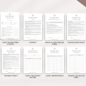 Pu&ograve; includere: Un set di otto moduli stampabili per aziende di microblading. I moduli includono un modulo di intake del cliente, un modulo di consenso, un modulo di rilascio foto e video, una politica di cancellazione, una politica di pagamento, un registro di trattamento del cliente, appuntamenti del cliente e un foglio di iscrizione alla mailing list. I moduli sono progettati per l'uso negli Stati Uniti e in formati di carta A4.