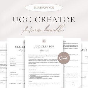 May include: A set of three printable forms for a UGC creator, including a client intake form, a creator agreement, and an invoice. The forms are designed in a minimalist style with a neutral color palette.