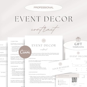 Professional Event Decor Contract, Event Decoration Agreement, Editable Decor Business Templates, Invoice Template, Business Card Template