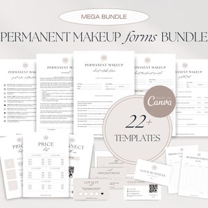 Pode incluir: Uma coleção de formulários imprimíveis de maquiagem permanente, incluindo formulários de admissão de clientes, consentimentos e listas de preços. O pacote apresenta mais de 22 modelos, com uma paleta de cores neutras e o texto "MEGA BUNDLE" e "PERMANENT MAKEUP forms BUNDLE".