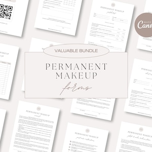 Pode incluir: Um conjunto de formulários imprimíveis para serviços de maquiagem permanente. Os formulários incluem um formulário de admissão do cliente, um formulário de consentimento e instruções de cuidados posteriores. Os formulários são projetados em um estilo minimalista com uma paleta de cores neutras.