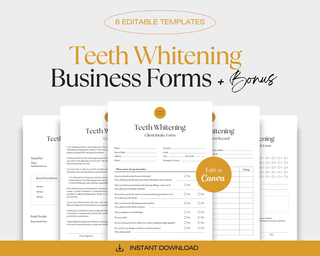 Teeth Whitening Forms Bundle, Client Intake Form, Consent, Photo Release Form, Editable Dental