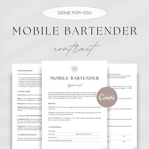 May include: A printable contract template for mobile bartenders. The document includes sections for services provided, payment terms, cancellation and postponement, licenses and insurance, event details, and signatures. The template is designed to be used by mobile bartenders to formalize agreements with clients.