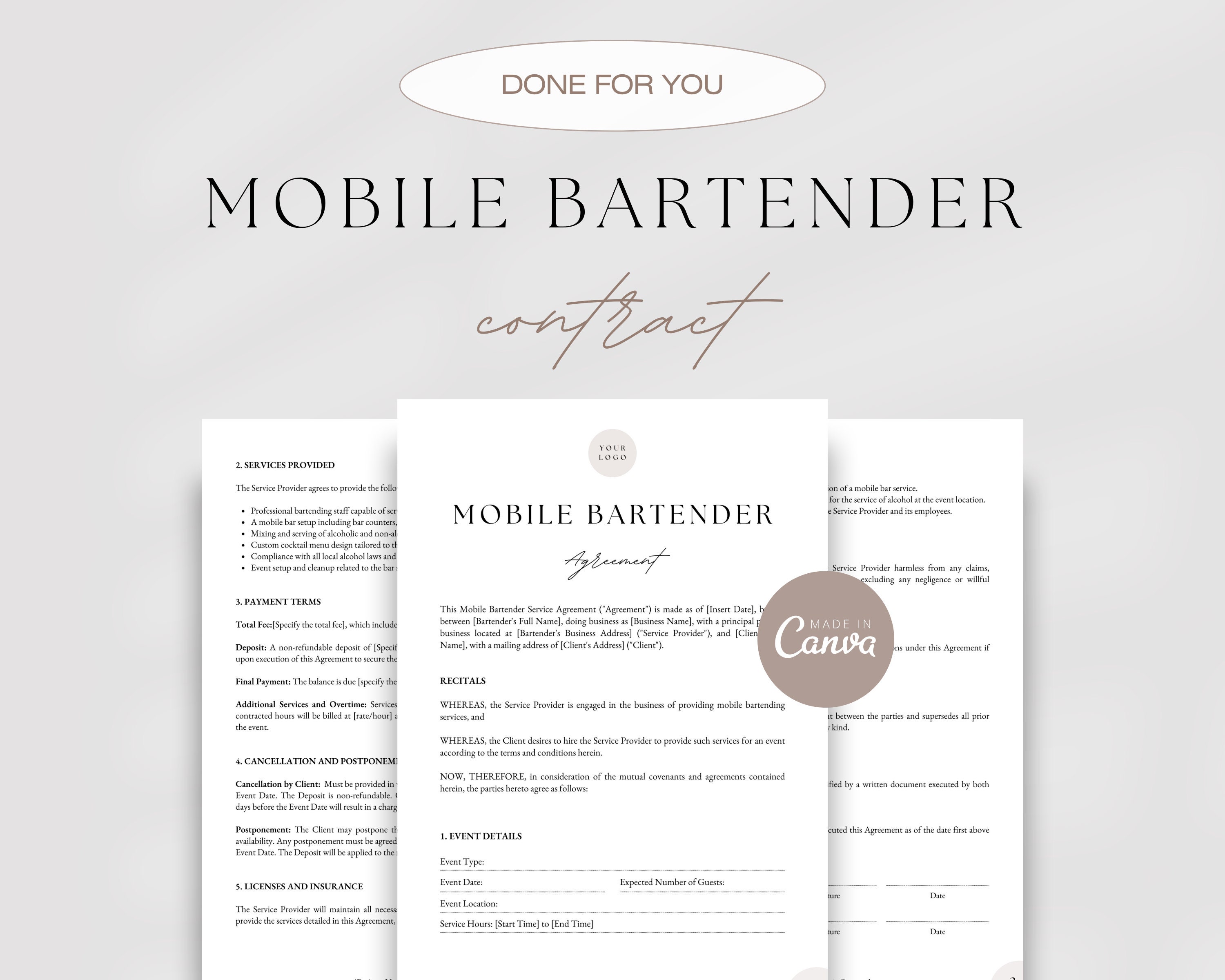 Professional Mobile Bar Contract, Bartender Service Agreement ...