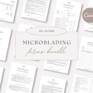 Pu&ograve; includere: Un set di moduli stampabili per servizi di microblading. I moduli sono progettati in uno stile minimalista con una tavolozza di colori neutri. Il testo "ALL IN ONE MICROBLADING forms bundle" &egrave; visualizzato in un grande carattere di scrittura a mano.